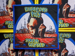 RIGHTEOUS PIGS - STRESS RELATED [blue border] -- Woven Patch