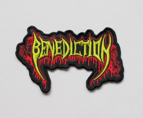 BENEDICTION - SHAPED LOGO [yellow-red] -- Embroidered Patch.JPG