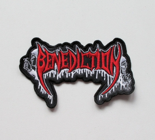 BENEDICTION - SHAPED LOGO [white-red] -- Embroidered Patch.JPG