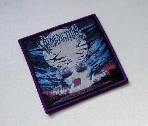 BENEDICTION - Dark Is the Season [purple outline] -- Woven Patch.JPG