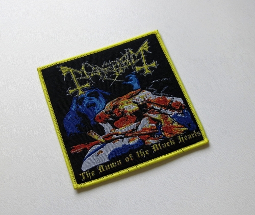 MAYHEM - The Dawn Of The Black Hearts [yellow outline] -- Woven Patch.JPG