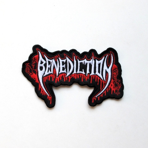 BENEDICTION - SHAPED LOGO [red-white] -- Embroidered Patch.JPG.JPG