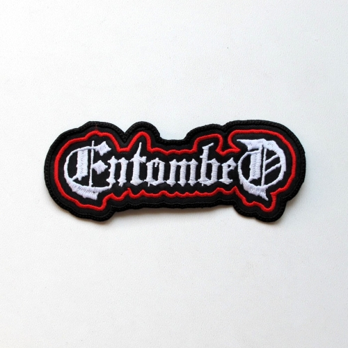 ENTOMBED - Logo Shaped [red-white] -- Embroidered patch.JPG