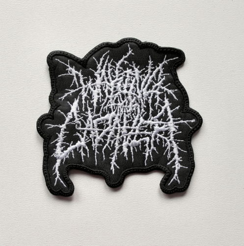 WAKING THE CADAVER - Logo Shaped [white]  --- Embroidered Patch.JPG
