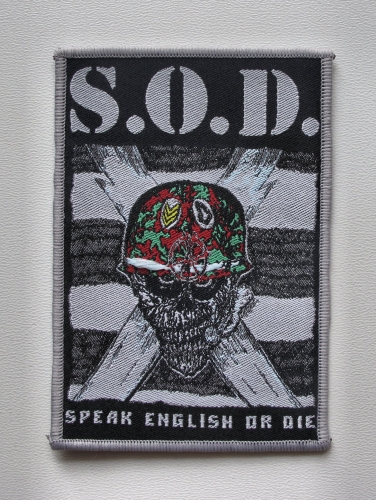 S.O.D. - Speak English or Die [grey border] --- woven patch.JPG
