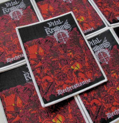 VITAL REMAINS - Dechristianize [white] -- woven patch.JPG