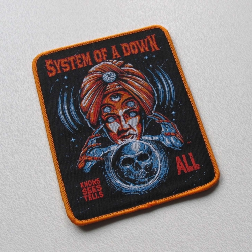 SYSTEM OF A DOWN - Knows, sees, tells all [orange] -- Woven Patch.jpg